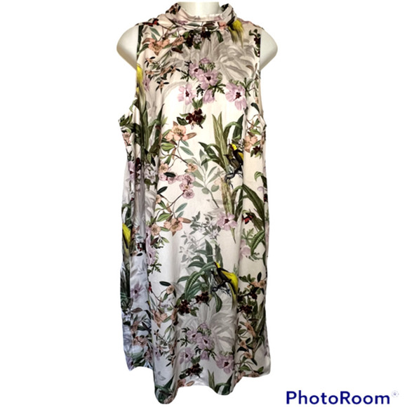 H & M BEAUTIFUL FLORAL & BIRD PRINT TIE BACK SHEATH DRESS SIZE MEDIUM - Picture 1 of 11